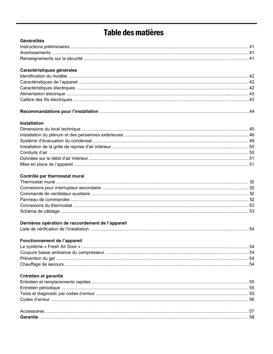 Friedrich 920-075-13 (1-11) operation manual Table Des Matières, Généralités, Caractéristiques générales, Installation 