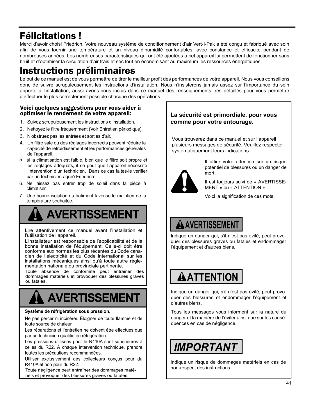 Friedrich 920-075-13 (1-11) operation manual Avertissement, Félicitations, Instructions Préliminaires 