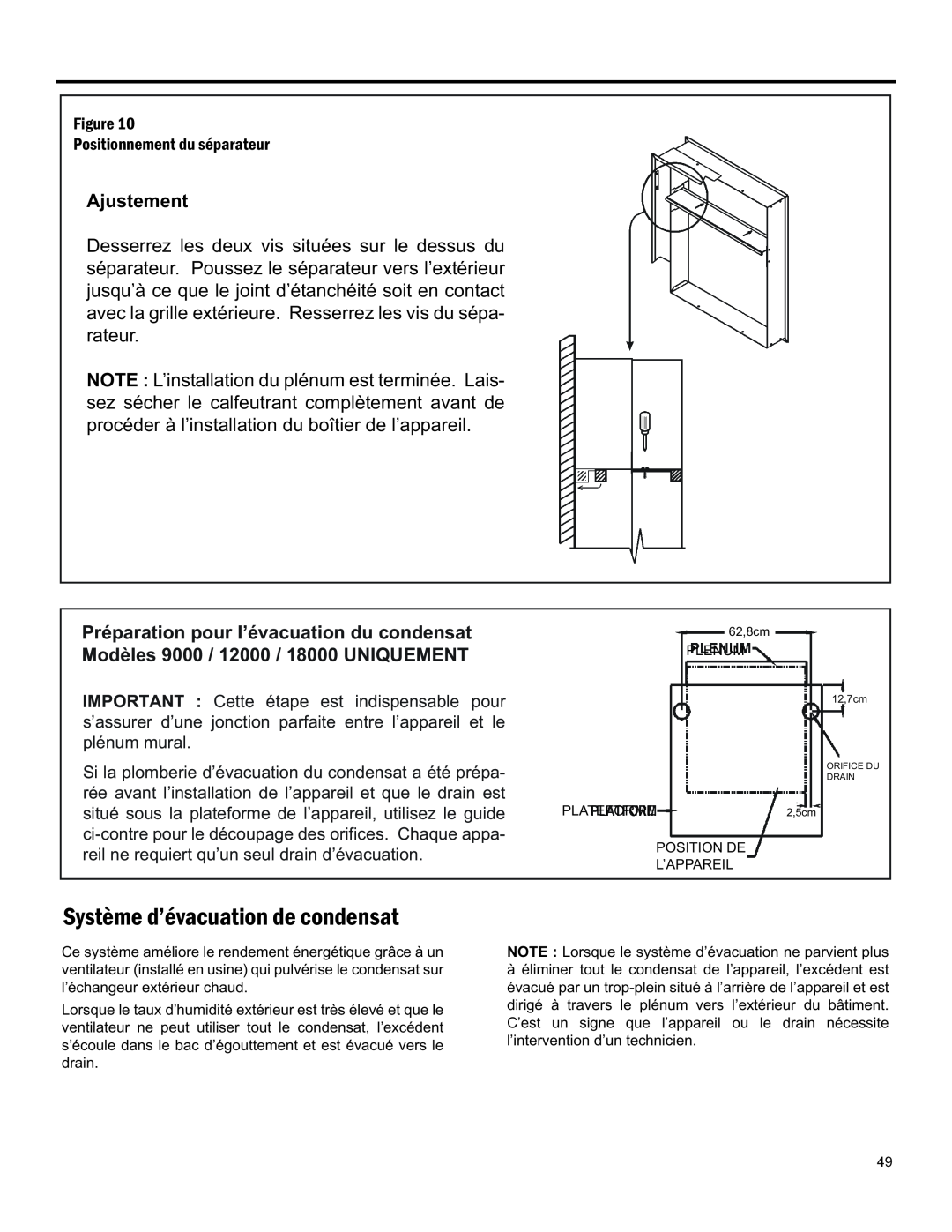 Friedrich 920-075-13 (1-11) operation manual Ajustement, Préparation pour l’évacuation du condensat, Plénum Mural 