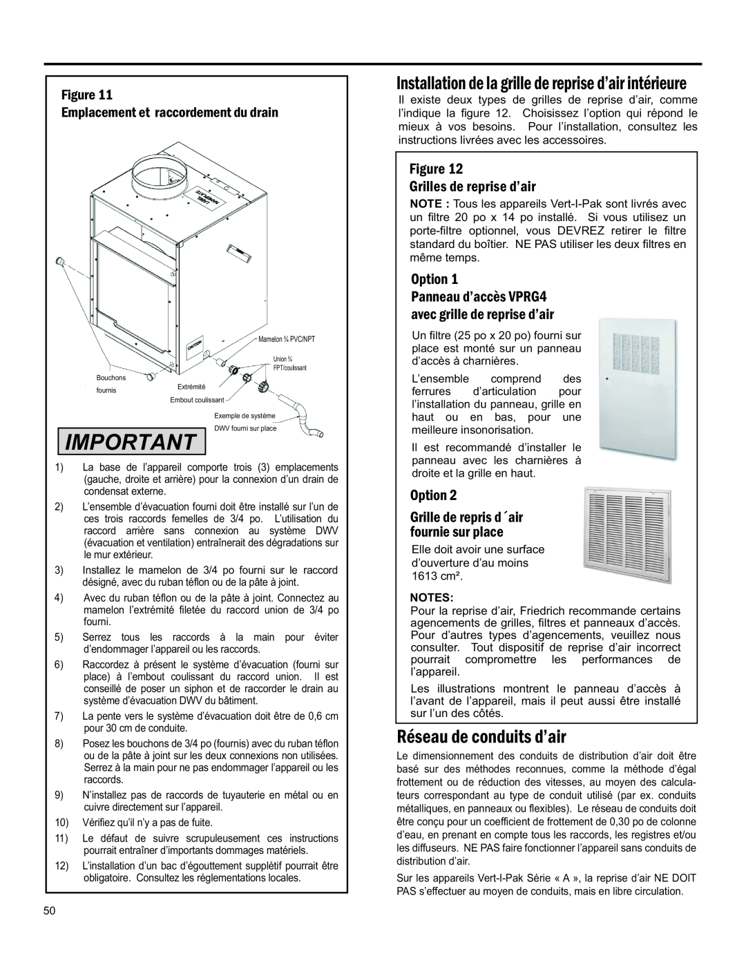 Friedrich 920-075-13 (1-11) operation manual Réseau De Conduits D’Air, Notes 