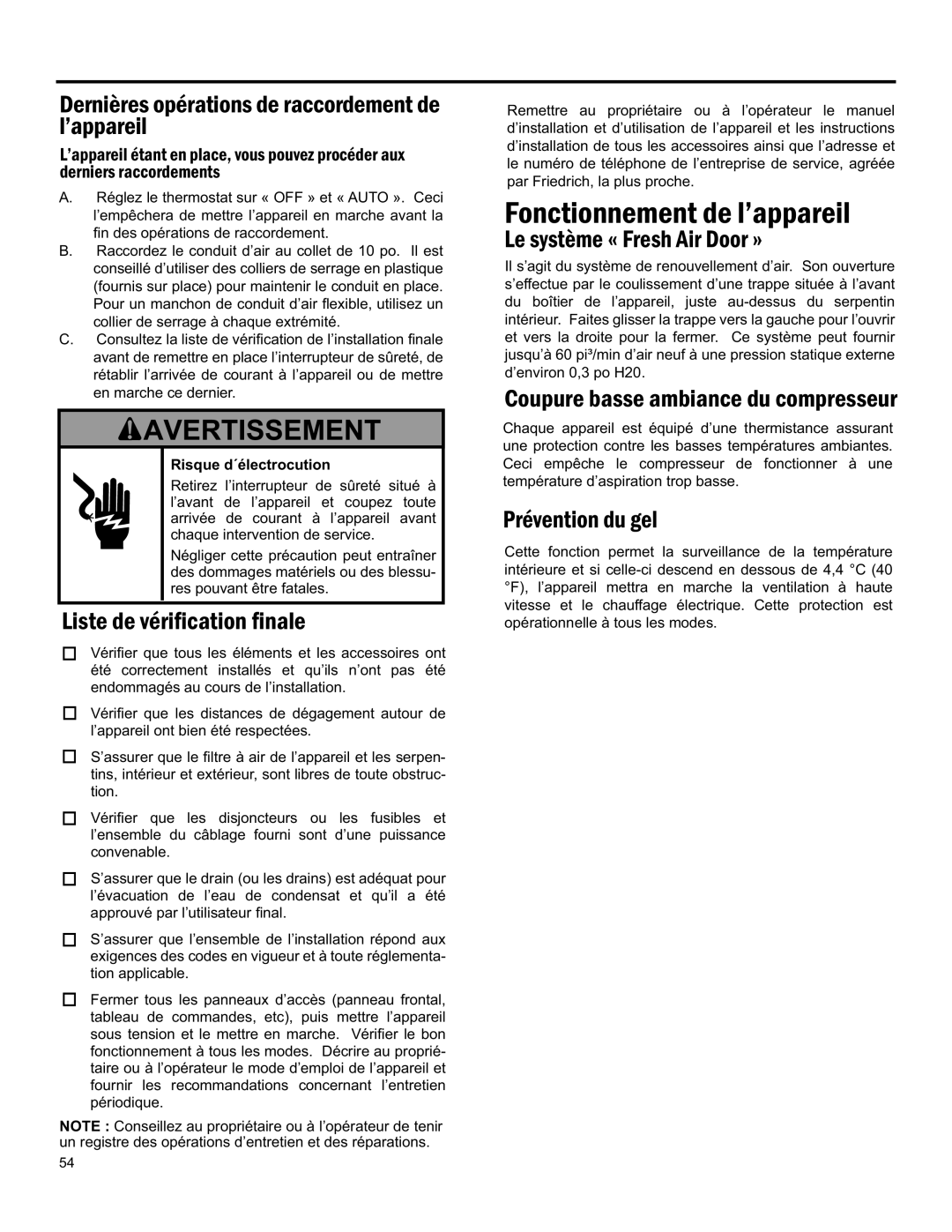 Friedrich 920-075-13 (1-11) Avertissement, Fonctionnement De L’Appareil, Liste De Vérification Finale, Prévention Du Gel 