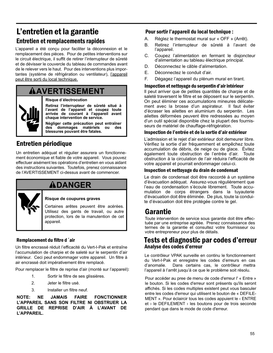 Friedrich 920-075-13 (1-11) Danger, L’Entretien Et La Garantie, Tests Et Diagnostic Par Codes D’Erreur, Avertissement 