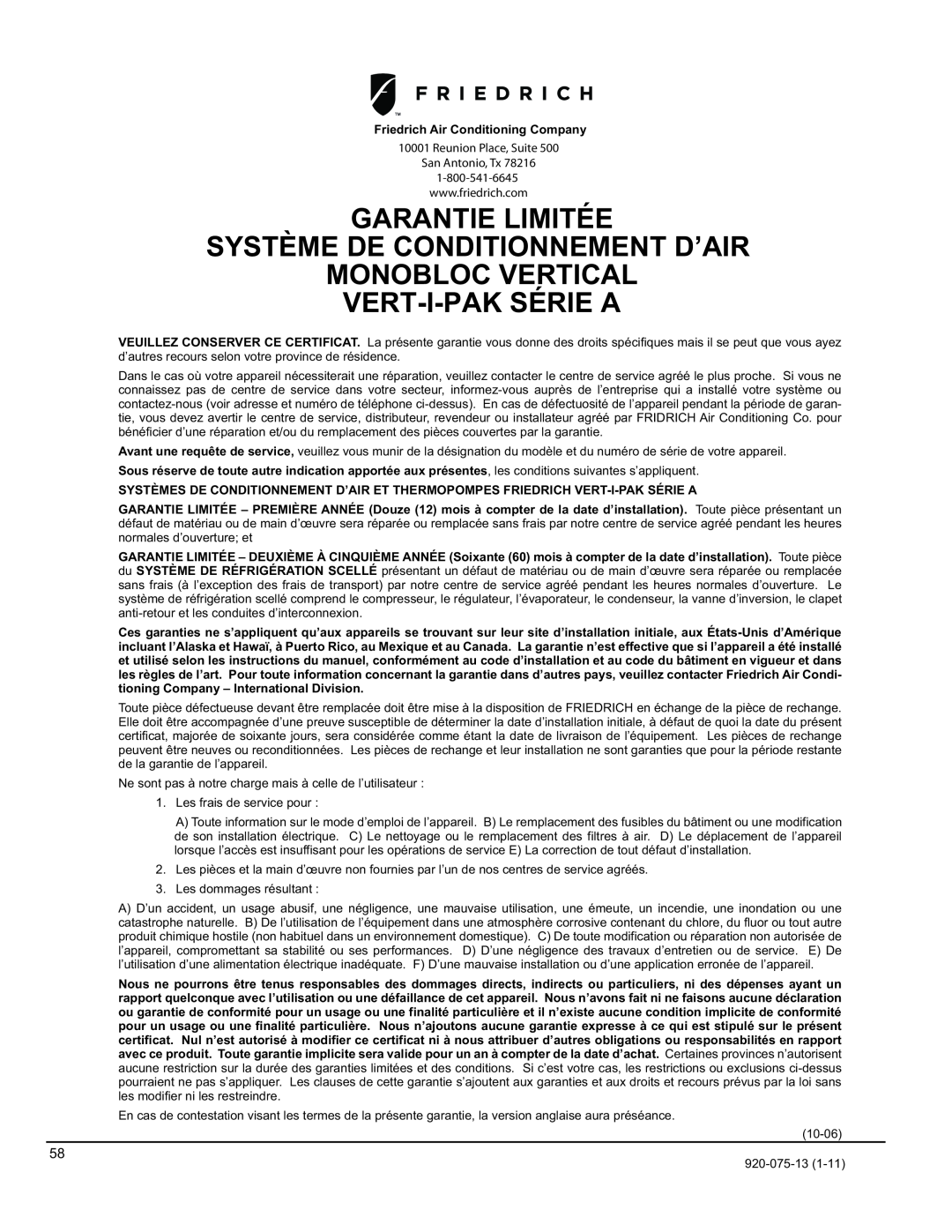 Friedrich 920-075-13 (1-11) Garantie Limitée Système De Conditionnement D’Air, Monobloc Vertical Vert-I-Paksérie A 