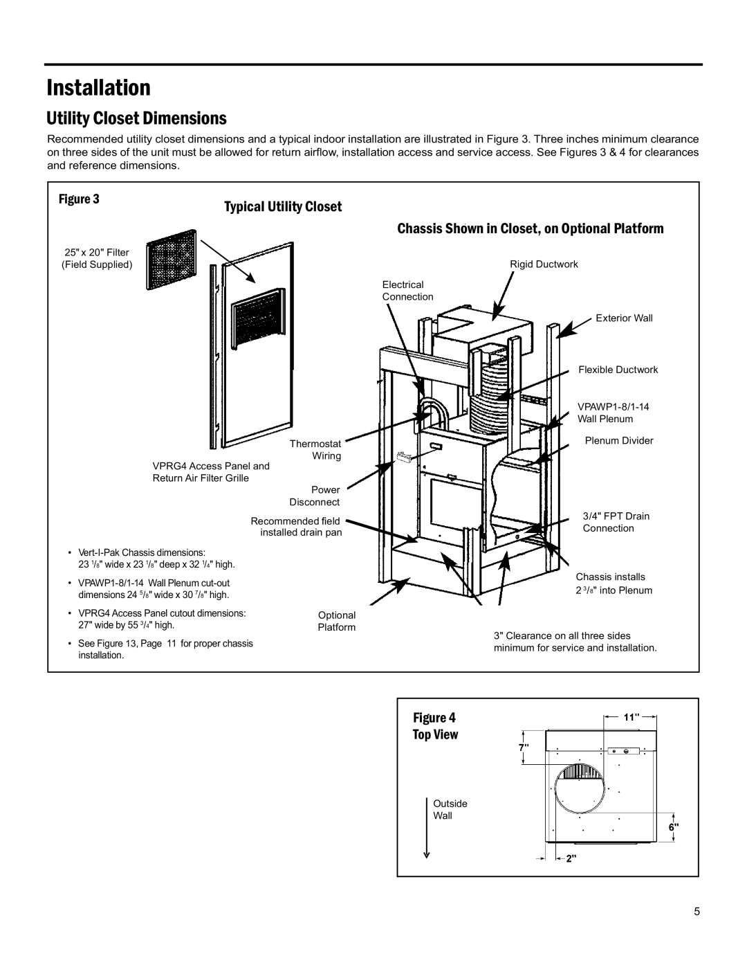 Friedrich 920-075-13 (1-11) operation manual Installation, Utility Closet Dimensions, Typical Utility Closet, Top View 