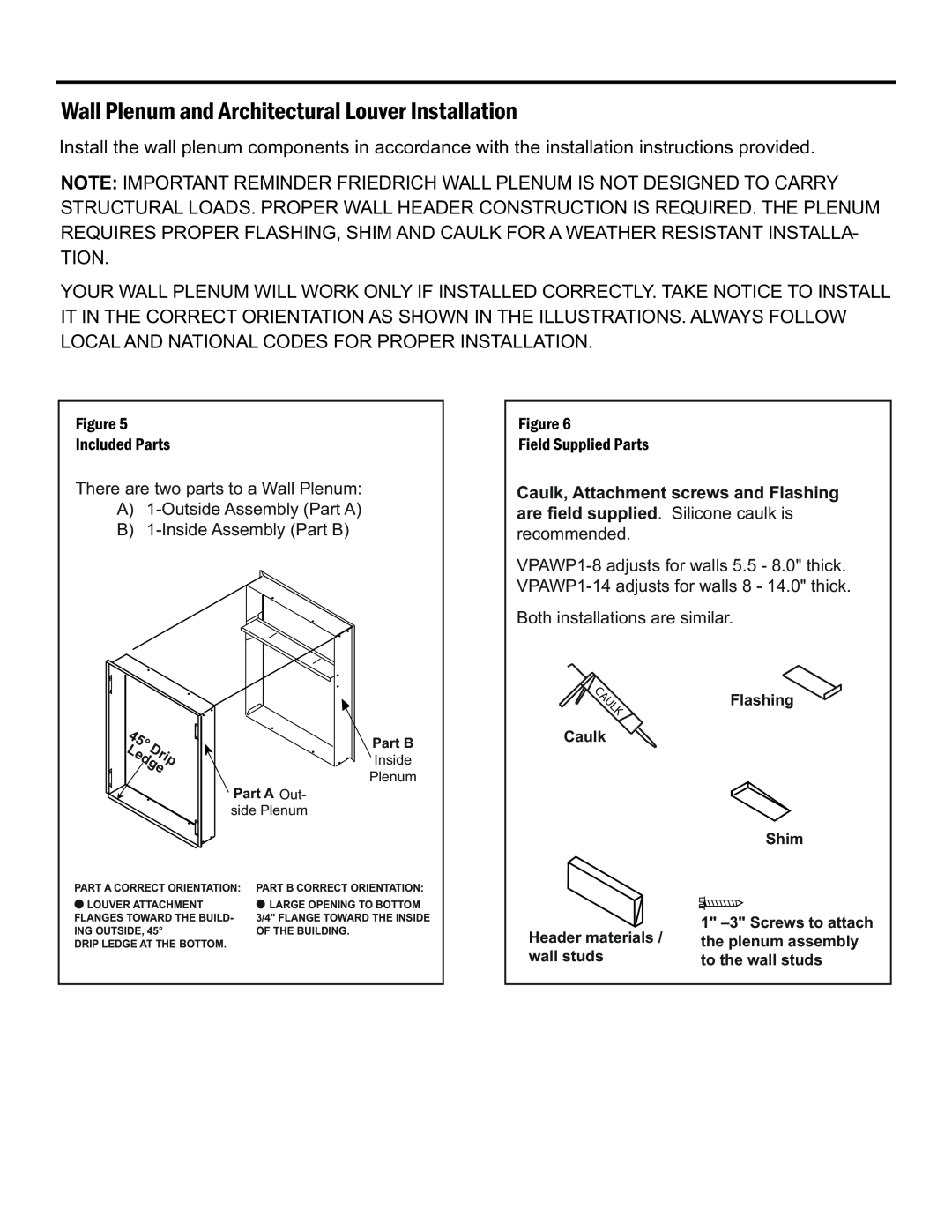Friedrich 920-075-13 (1-11) operation manual Drip, Ledge, Wall Plenumand Architectural Louver Installation 