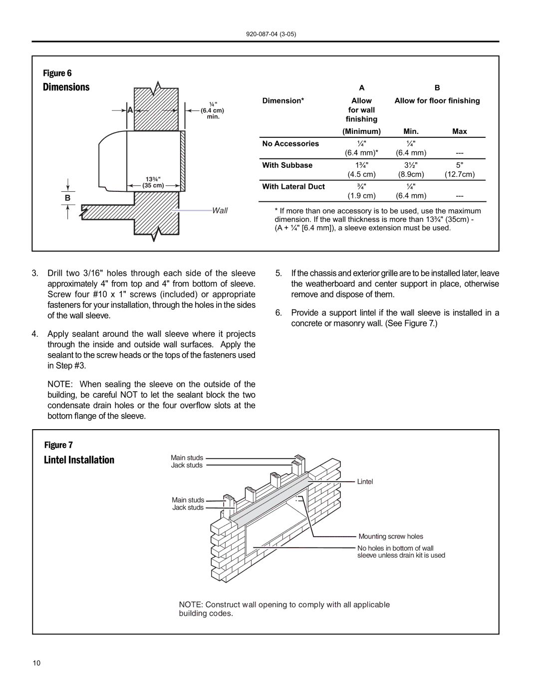 Friedrich 920-087-04 (3-05) manual Dimensions, LintelInstallation 