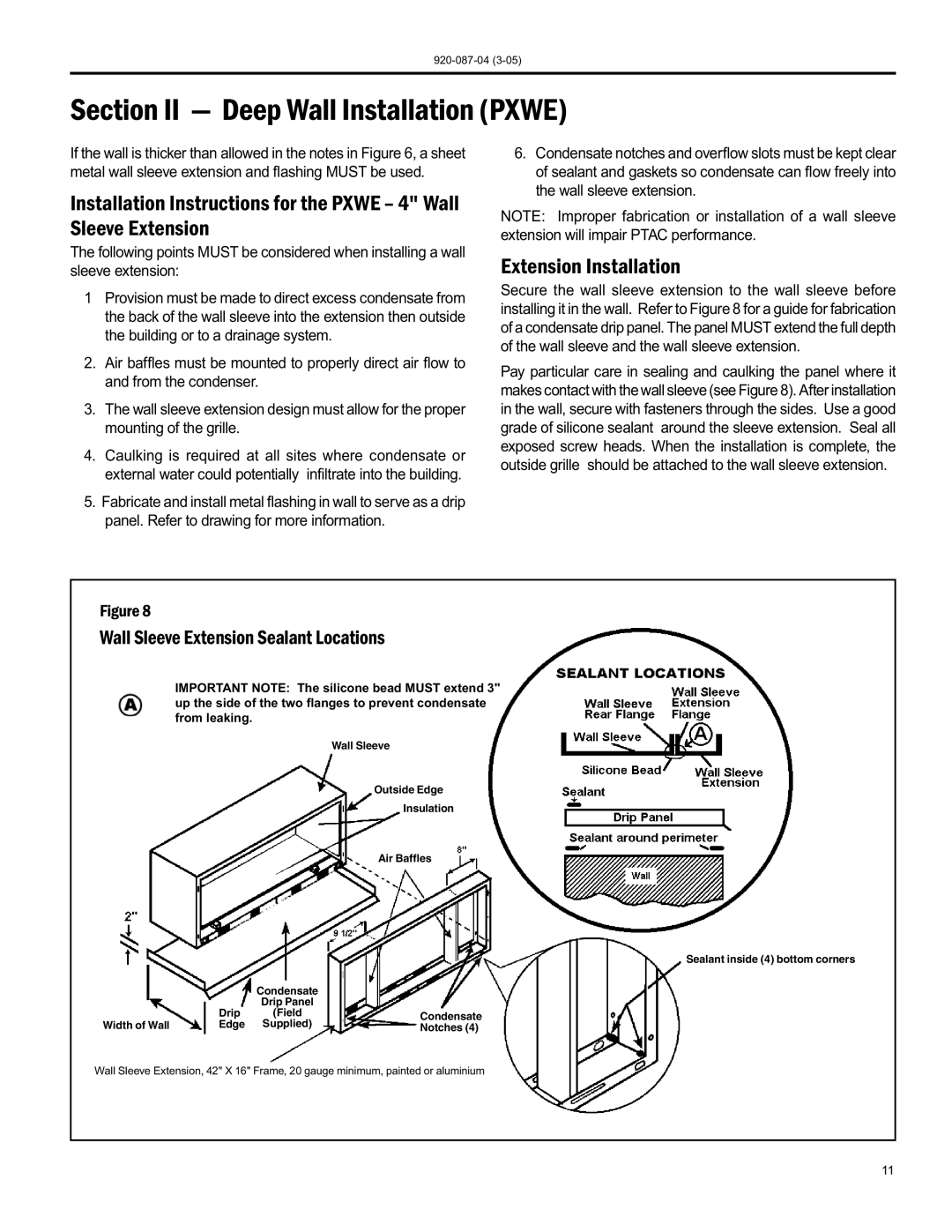 Friedrich 920-087-04 (3-05) manual Section II Deep Wall Installation Pxwe, Extension Installation 