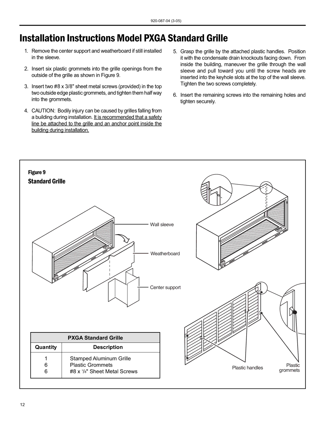 Friedrich 920-087-04 (3-05) manual Installation Instructions Model Pxga Standard Grille 