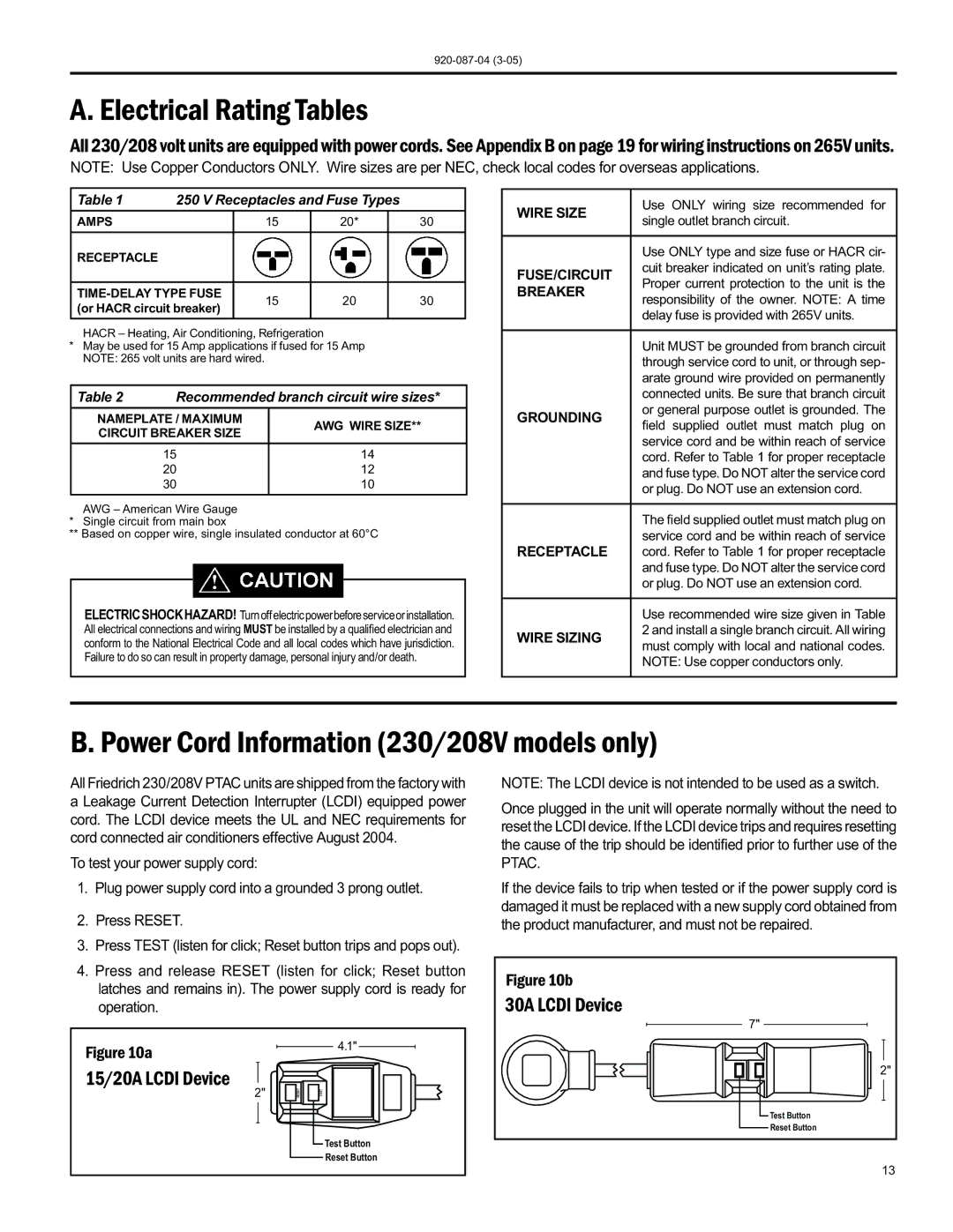 Friedrich 920-087-04 (3-05) Electrical Rating Tables, Power Cord Information 230/208V models only, 15/20A Lcdi Device 