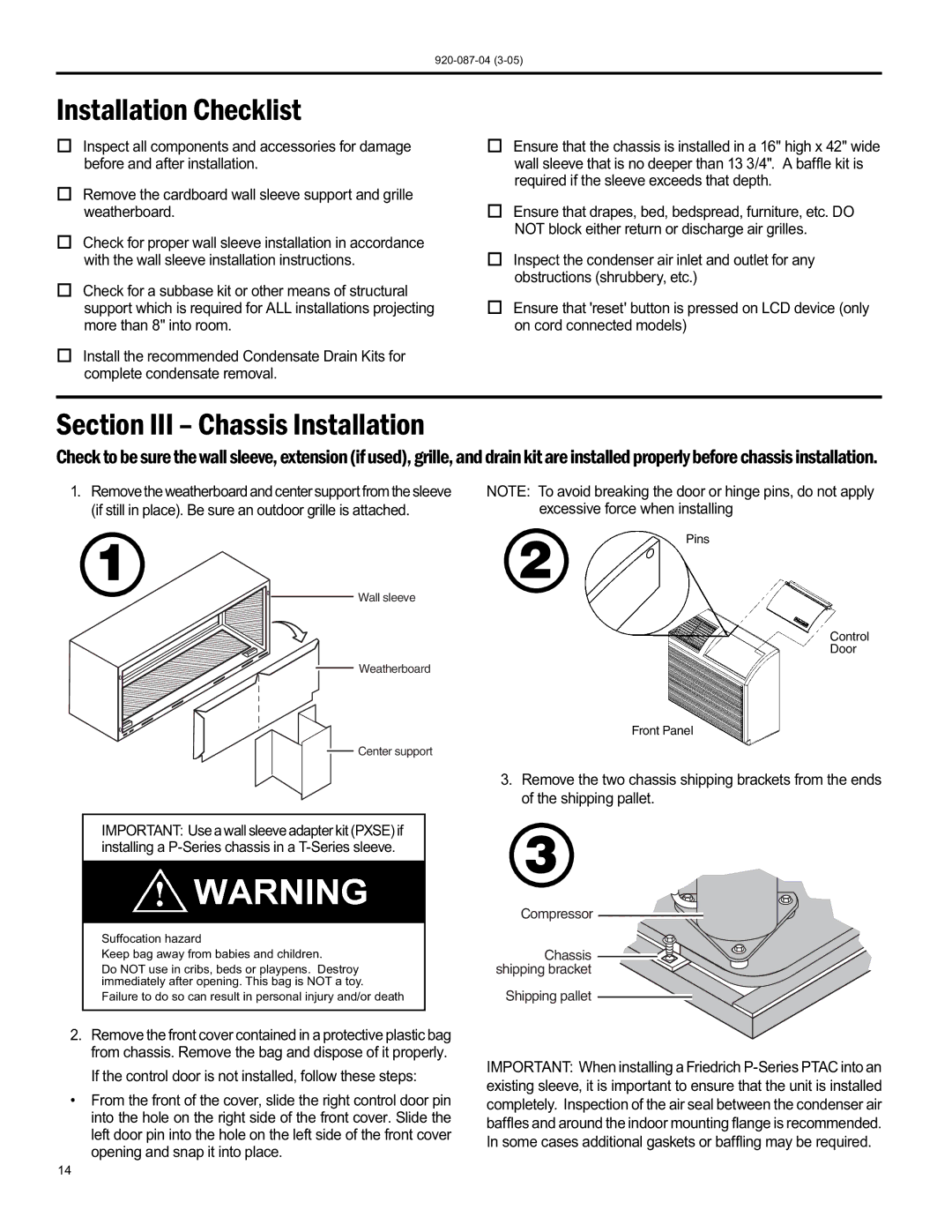 Friedrich 920-087-04 (3-05) manual Installation Checklist, Section III Chassis Installation 