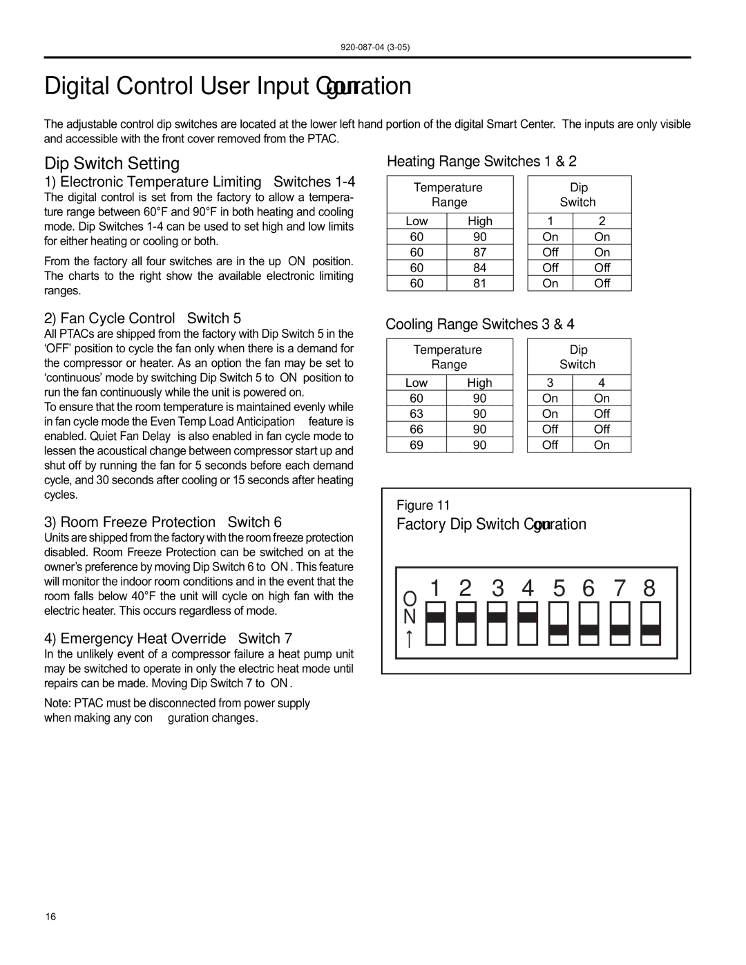 Friedrich 920-087-04 (3-05) Digital Control User Input Conﬁguration, Dip Switch Setting, Factory Dip Switch Conﬁguration 