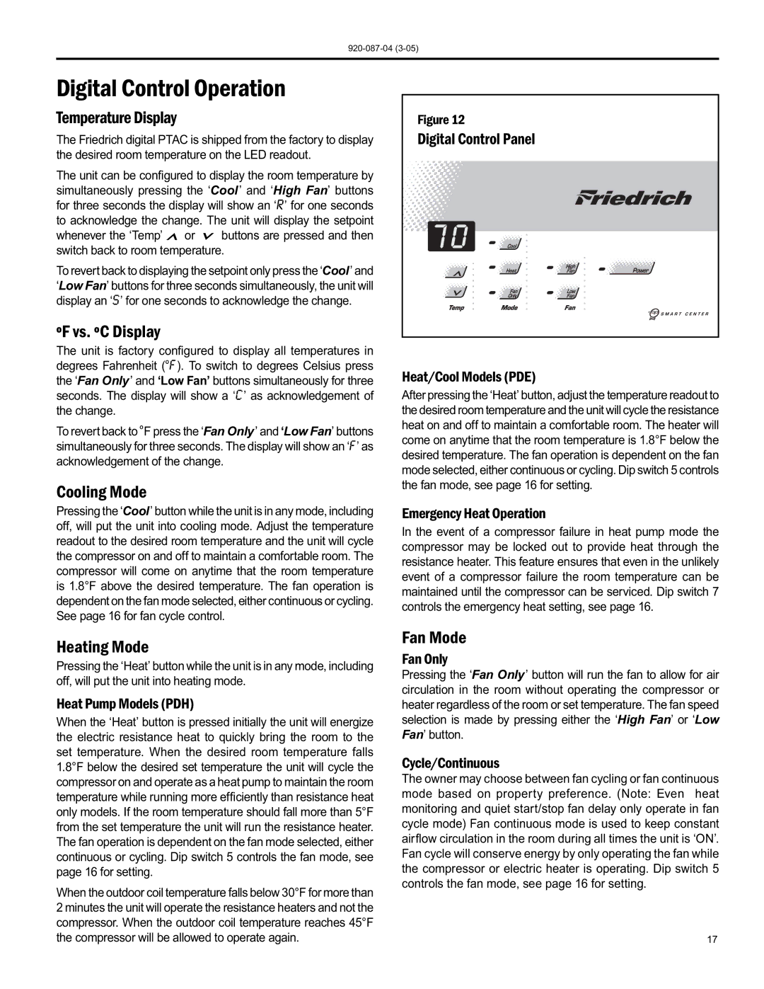 Friedrich 920-087-04 (3-05) manual Digital Control Operation 