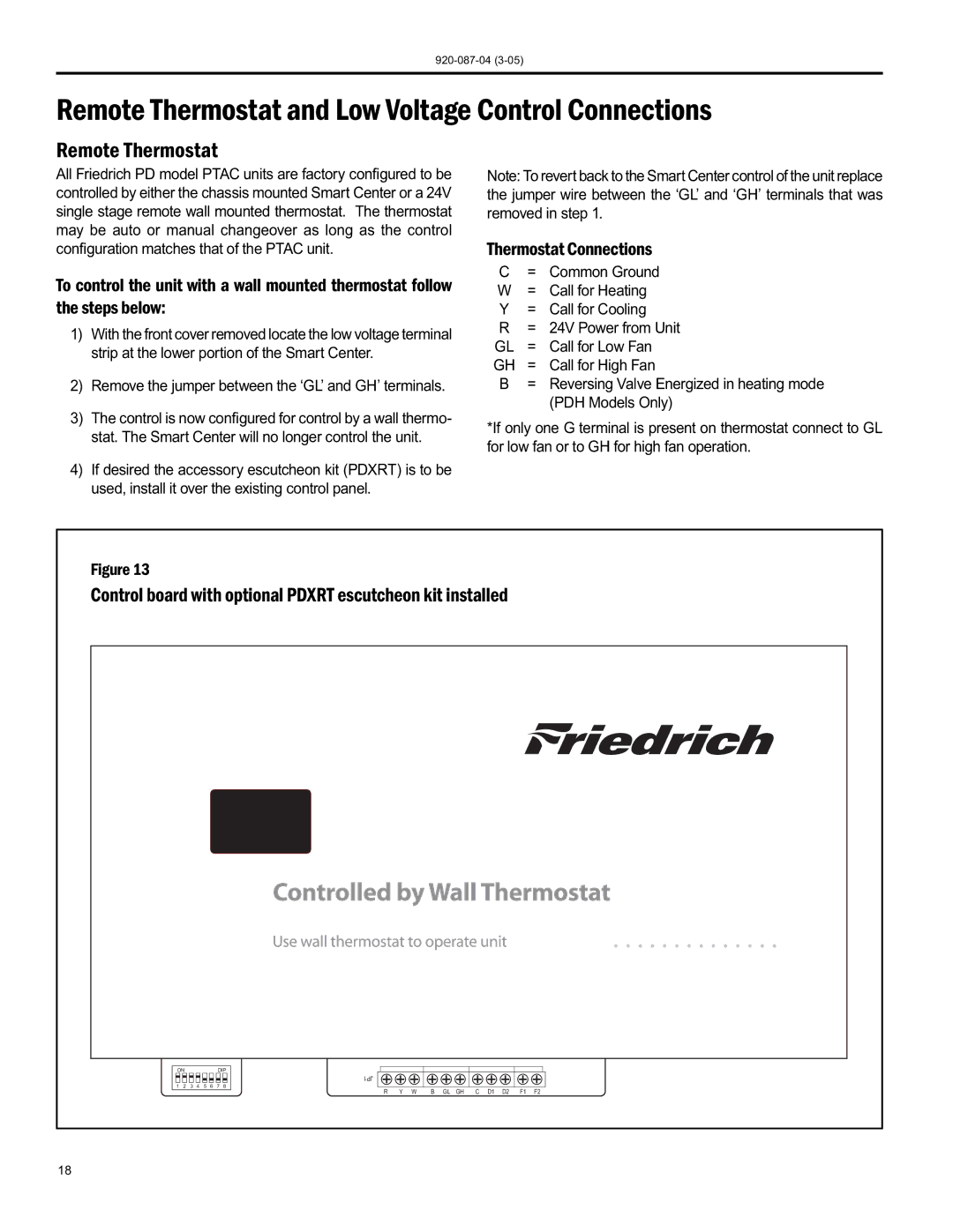 Friedrich 920-087-04 (3-05) manual Remote Thermostat and Low Voltage Control Connections 