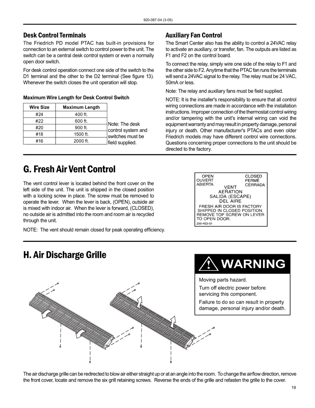 Friedrich 920-087-04 (3-05) Fresh Air Vent Control, Air Discharge Grille, Desk Control Terminals, Auxiliary Fan Control 