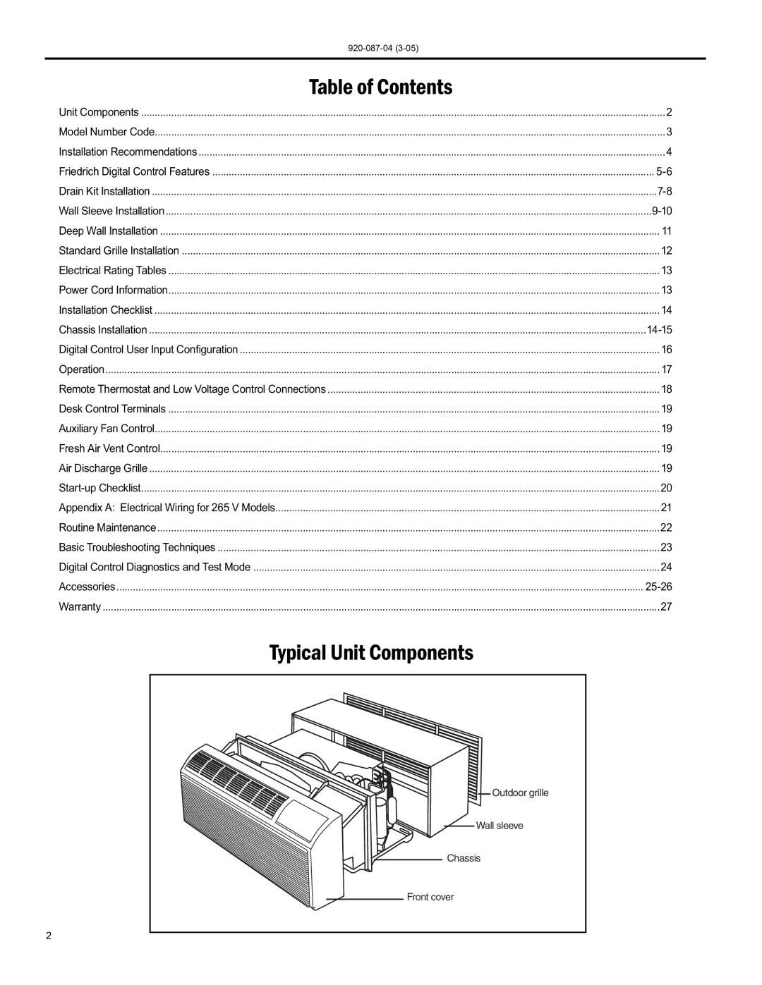 Friedrich 920-087-04 (3-05) manual Table of Contents 