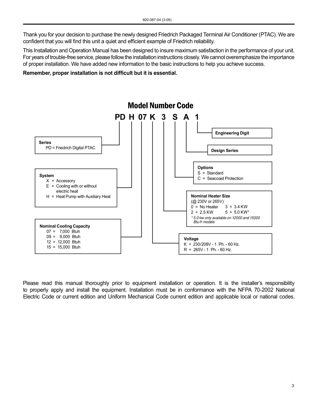 Friedrich 920-087-04 (3-05) manual Model Number Code 