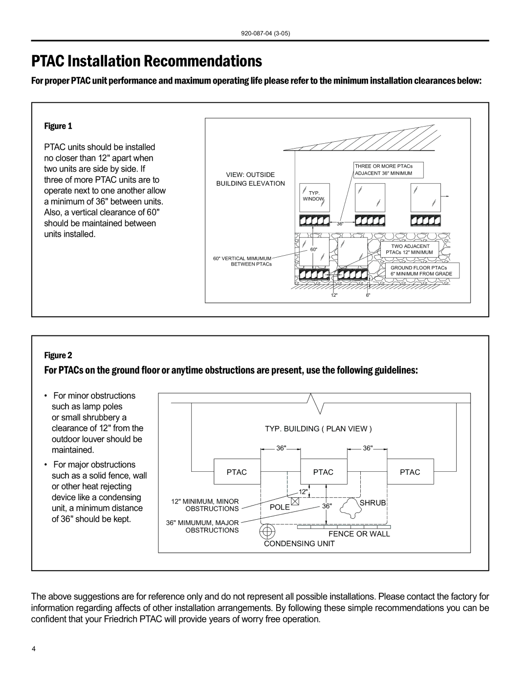 Friedrich 920-087-04 (3-05) manual Ptac Installation Recommendations, Building Elevation 