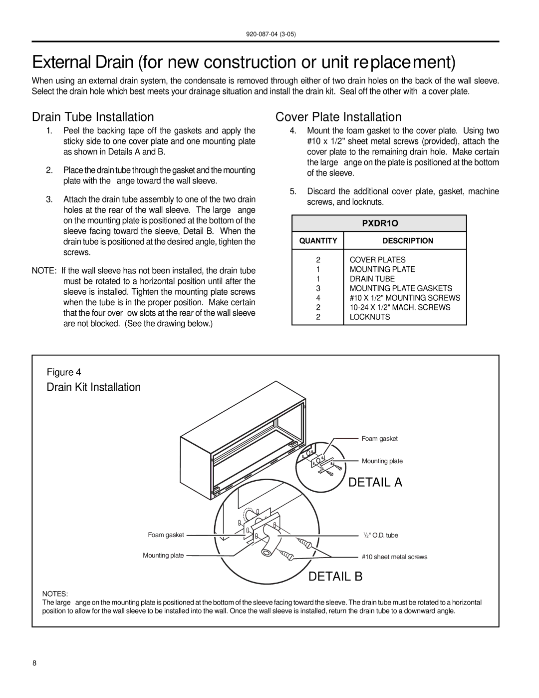 Friedrich 920-087-04 (3-05) manual ExternalDrainfor new construction or unit replacement, Drain Tube Installation 