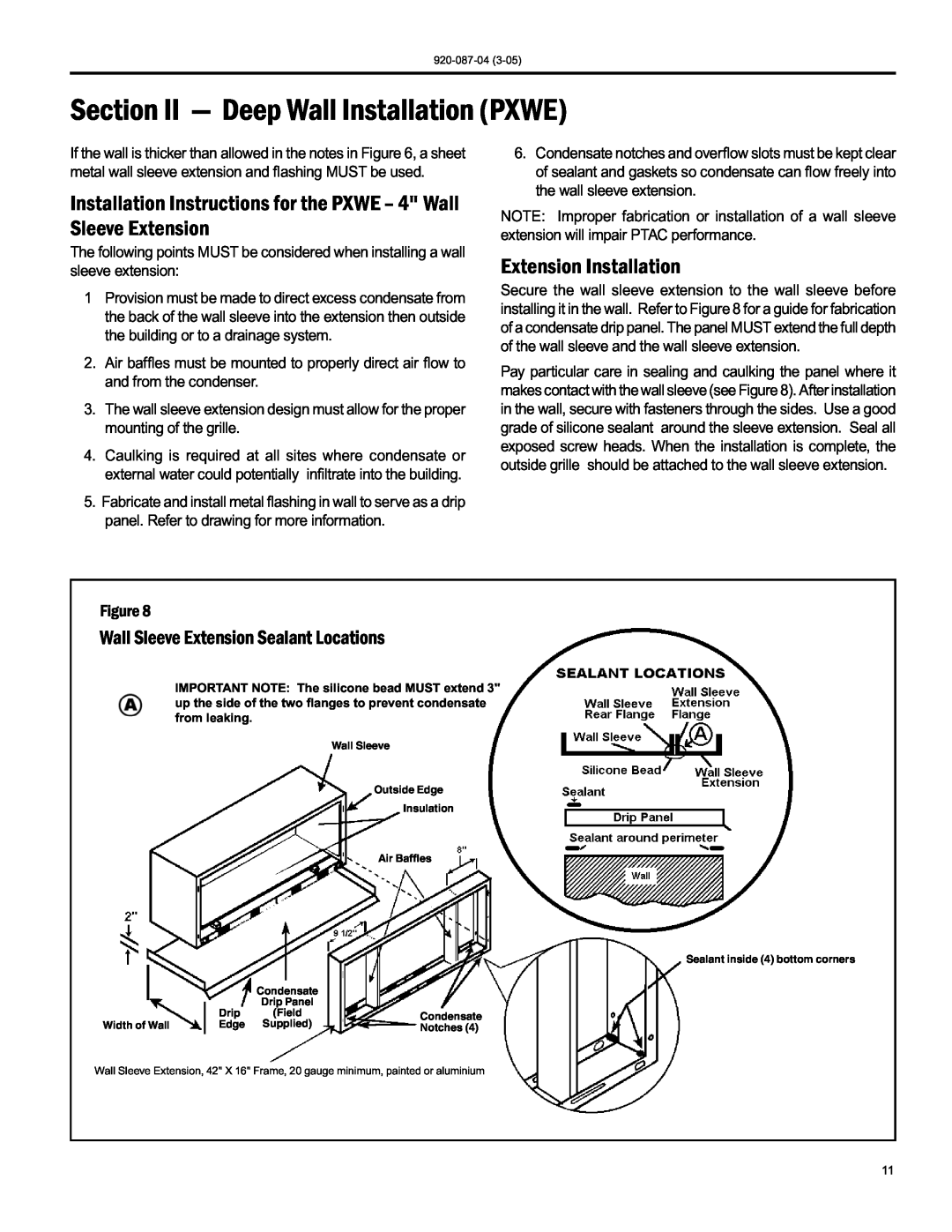 Friedrich 920-087-04 (3-05) manual Section II — Deep Wall Installation PXWE, Extension Installation 