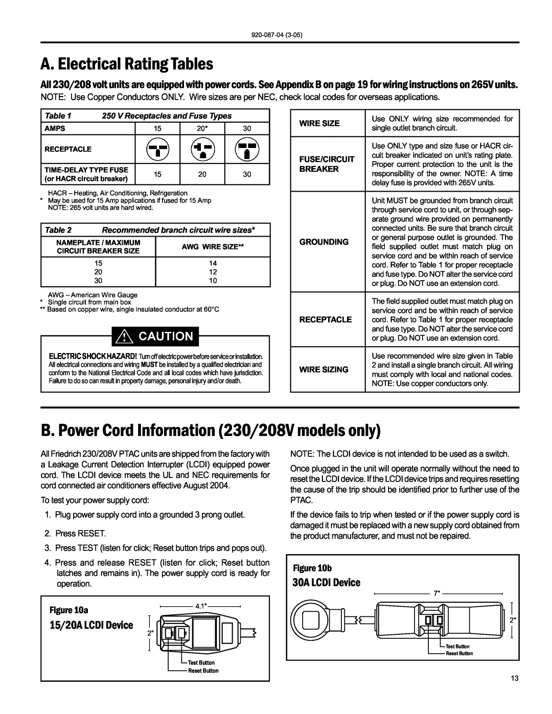 Friedrich 920-087-04 (3-05) A. Electrical Rating Tables, B. Power Cord Information 230/208V models only, 30A LCDI Device 