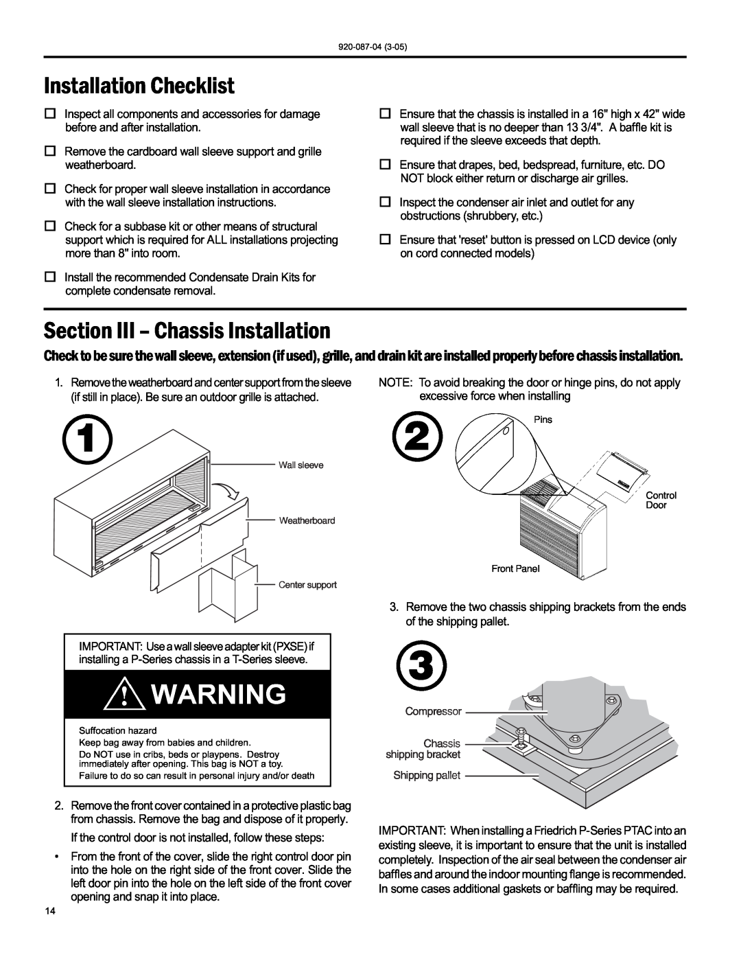 Friedrich 920-087-04 (3-05) manual Installation Checklist, Section III – Chassis Installation, Shipping pallet 