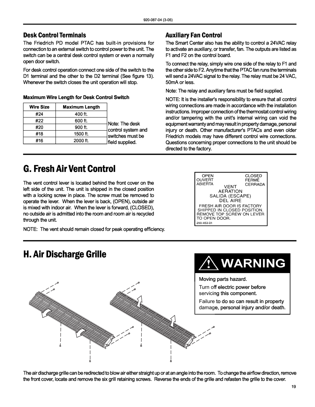Friedrich 920-087-04 (3-05) manual G. Fresh Air Vent Control, H. Air Discharge Grille, Desk Control Terminals 