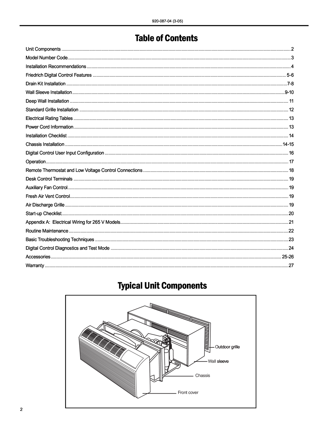 Friedrich 920-087-04 (3-05) Table of Contents, Typical Unit Components, Outdoor grille Wall sleeve Chassis Front cover 