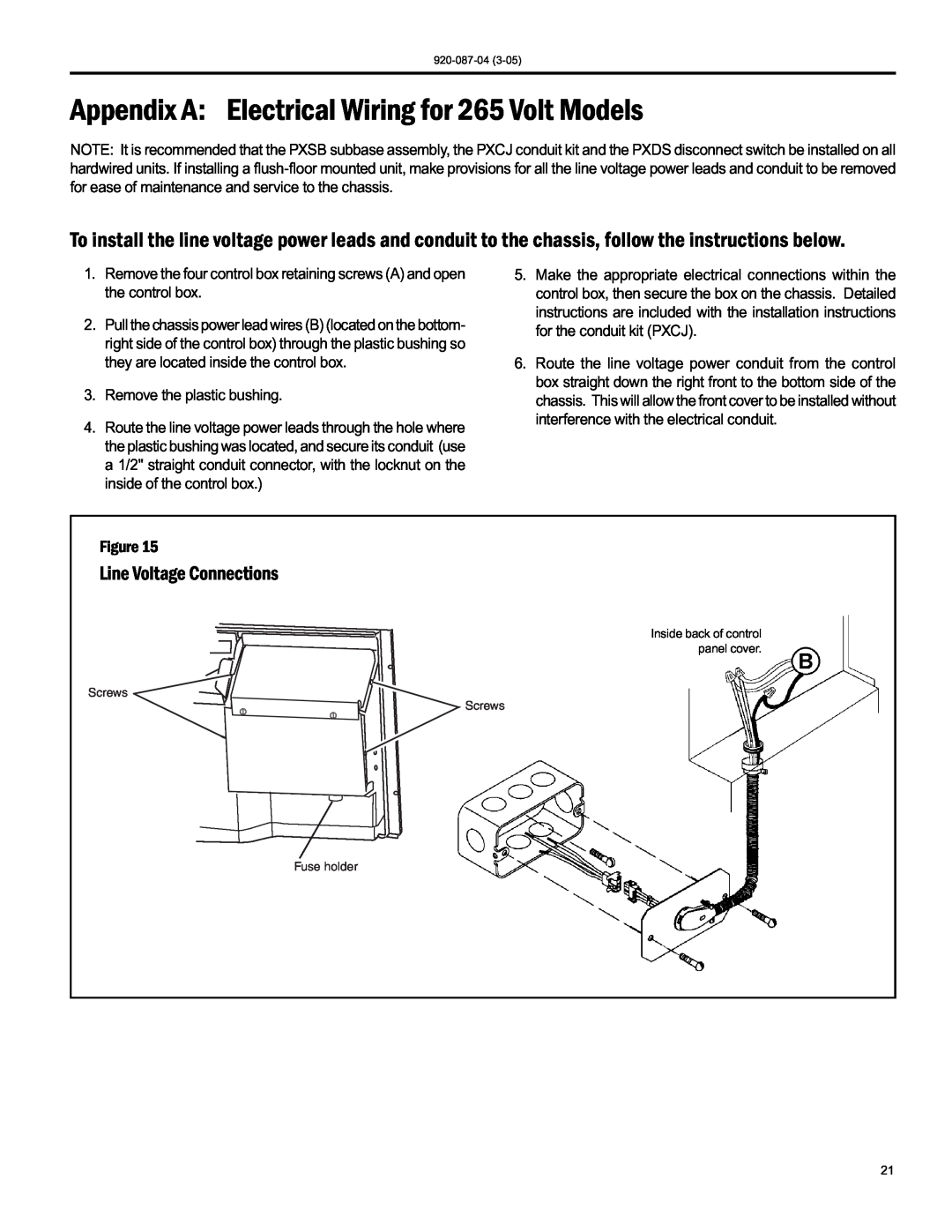 Friedrich 920-087-04 (3-05) manual Appendix A: Electrical Wiring for 265 Volt Models, Line Voltage Connections 