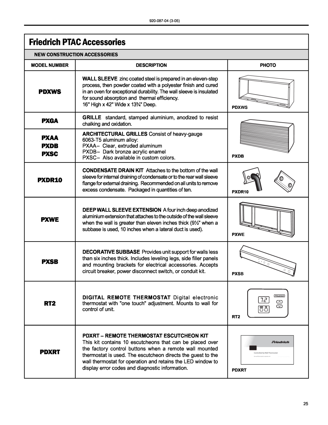 Friedrich 920-087-04 (3-05) manual Friedrich PTAC Accessories 