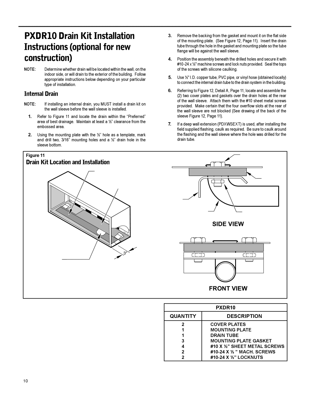 Friedrich 920-087-09 (12/10) operation manual Internal Drain, Drain Kit Location and Installation 