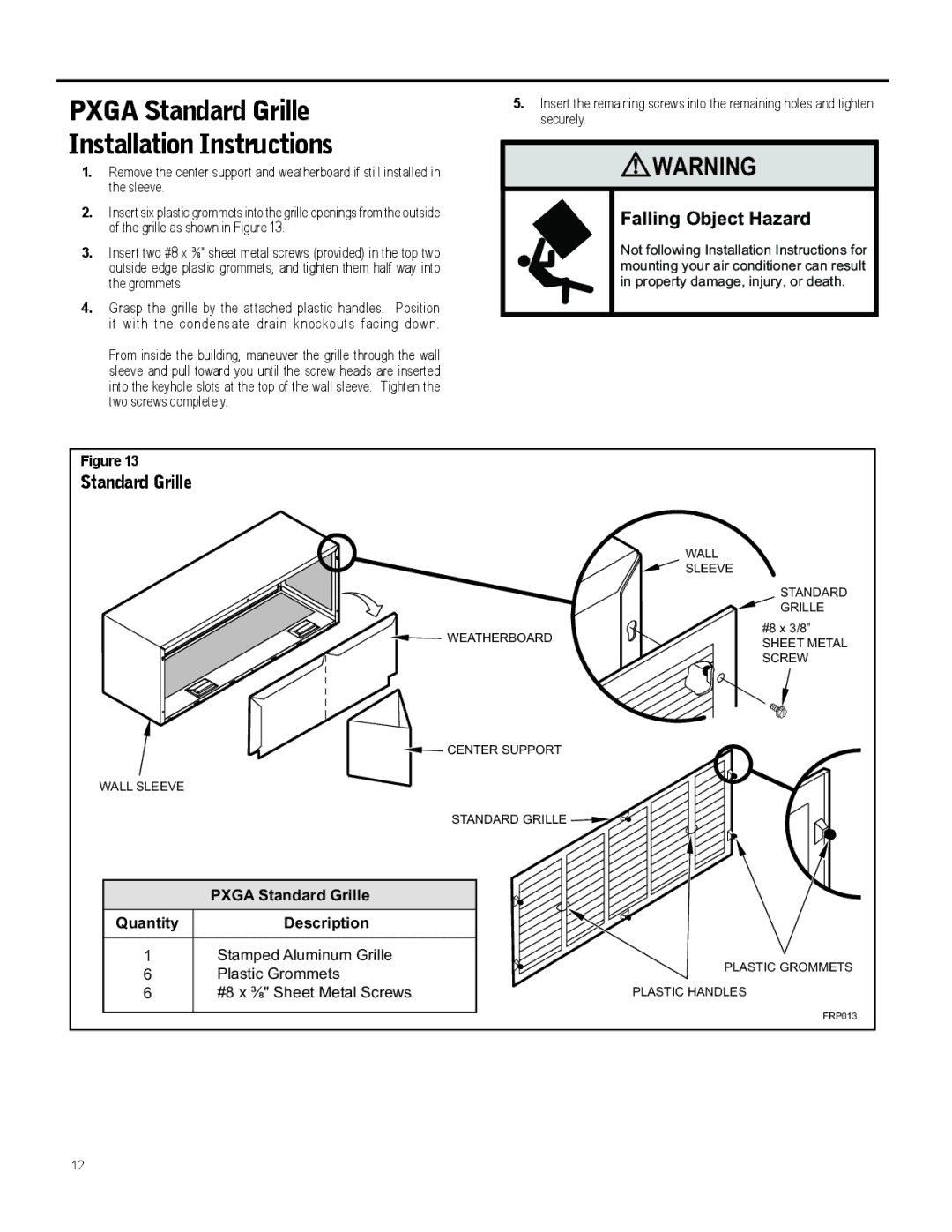 Friedrich 920-087-09 (12/10) operation manual Pxga Standard Grille Installation Instructions 