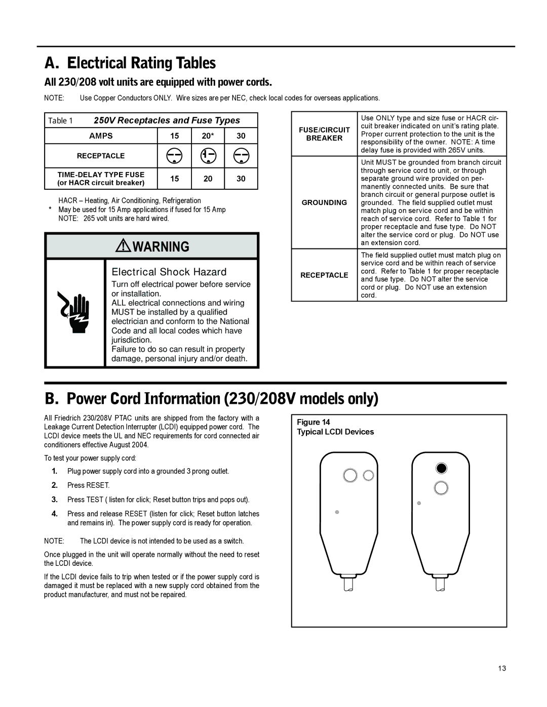 Friedrich 920-087-09 (12/10) operation manual Electrical Rating Tables, Power Cord Information 230/208V models only 