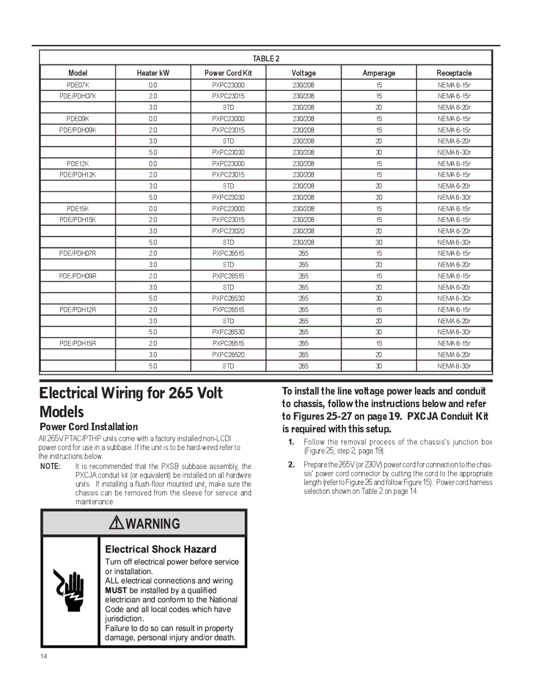 Friedrich 920-087-09 (12/10) Electrical Wiring for 265 Volt Models, Power Cord Installation, Electrical Shock Hazard 