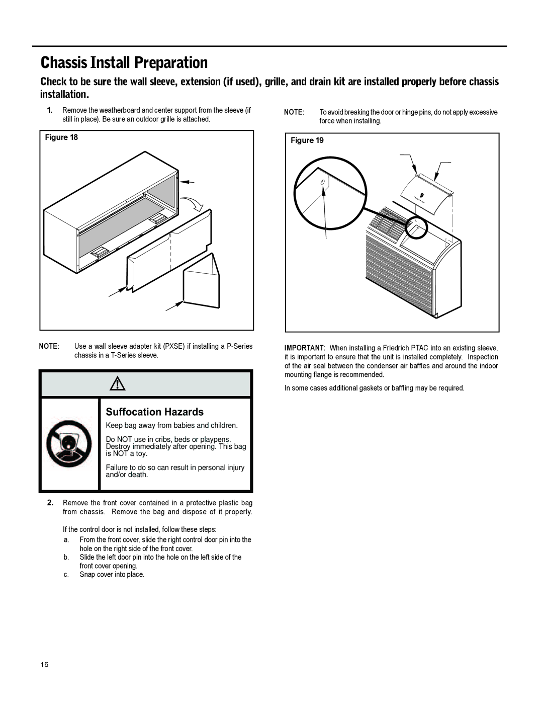 Friedrich 920-087-09 (12/10) operation manual Chassis Install Preparation, Suffocation Hazards 