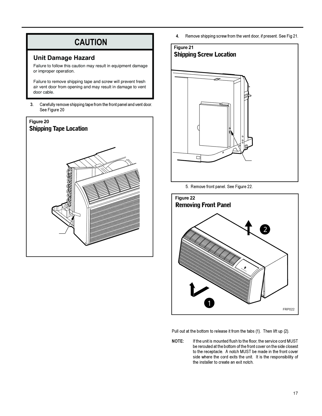 Friedrich 920-087-09 (12/10) operation manual Unit Damage Hazard, Shipping Tape Location, Shipping Screw Location 