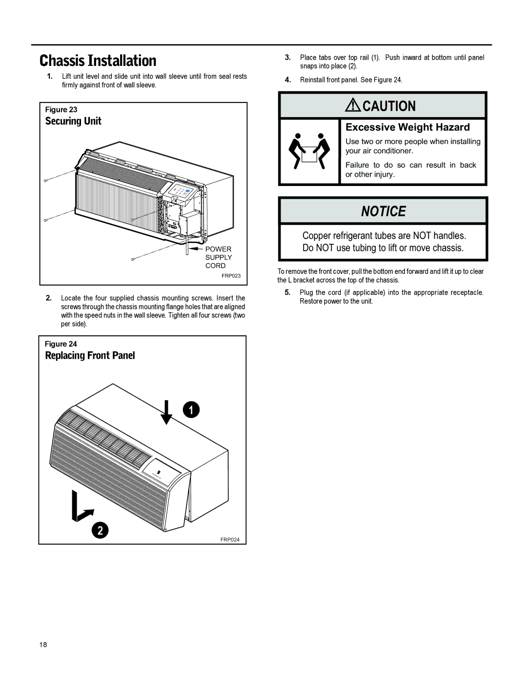 Friedrich 920-087-09 (12/10) operation manual Chassis Installation, Securing Unit, Excessive Weight Hazard 