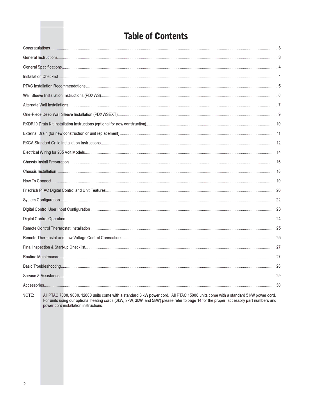 Friedrich 920-087-09 (12/10) operation manual Table of Contents 