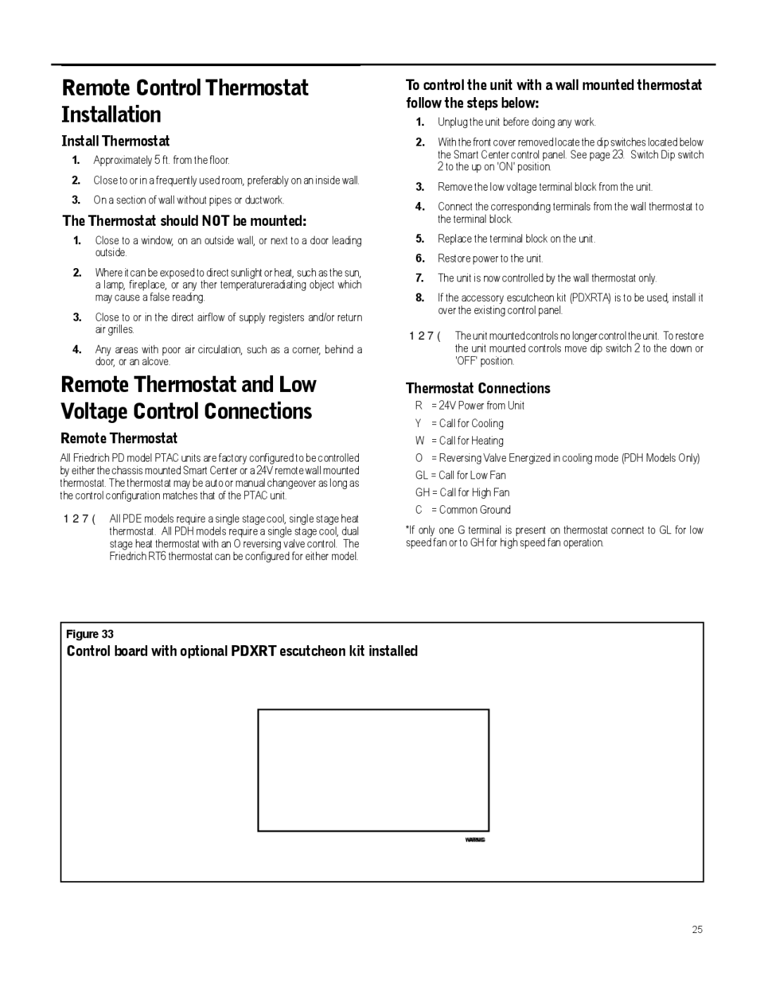 Friedrich 920-087-09 (12/10) operation manual Remote Control Thermostat Installation 