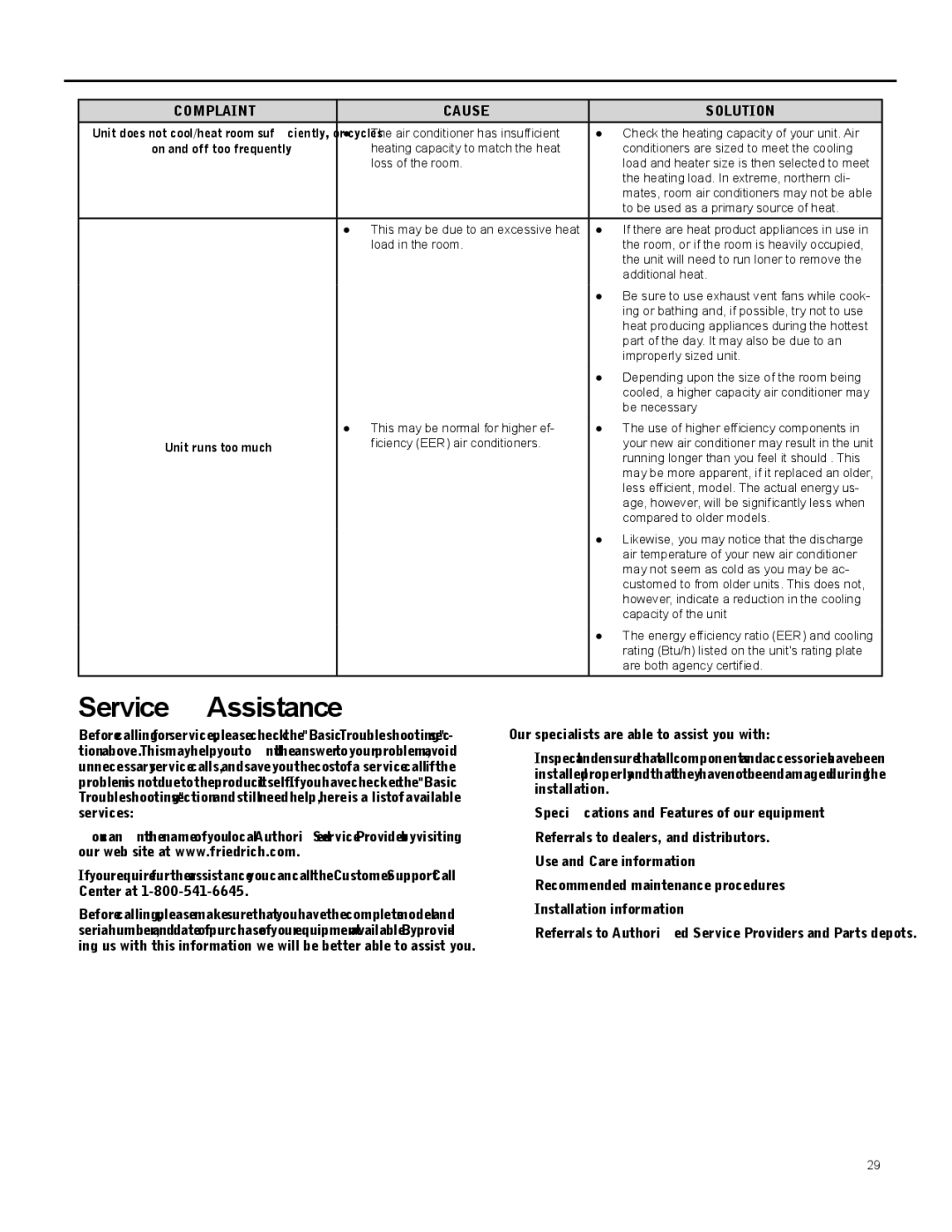 Friedrich 920-087-09 (12/10) operation manual Service & Assistance 