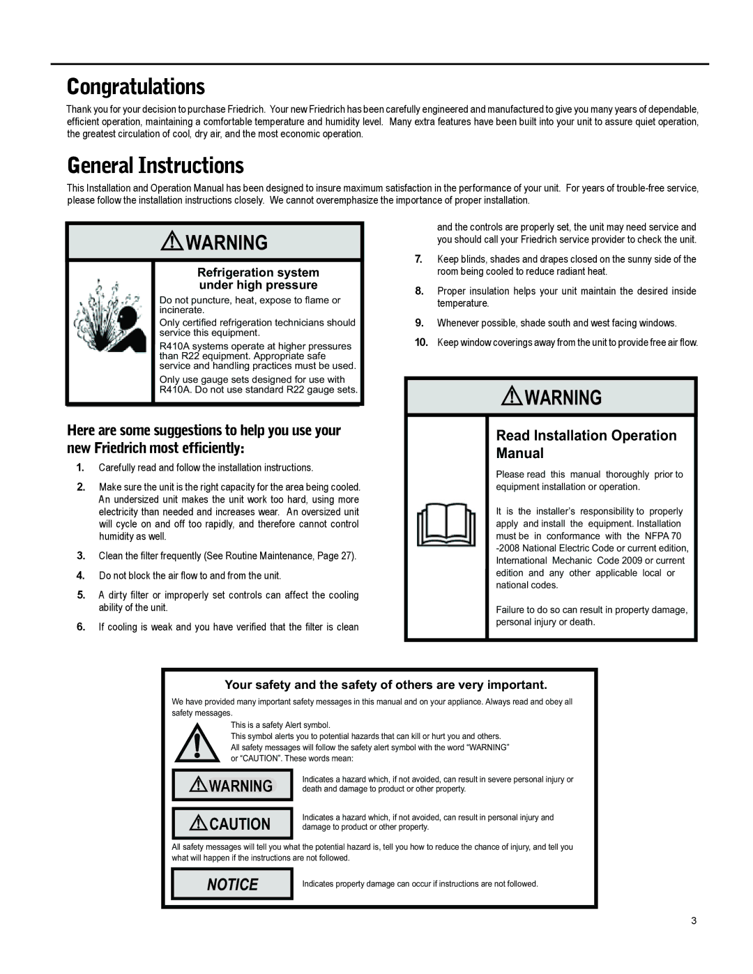 Friedrich 920-087-09 (12/10) operation manual Congratulations, General Instructions, Read Installation Operation Manual 