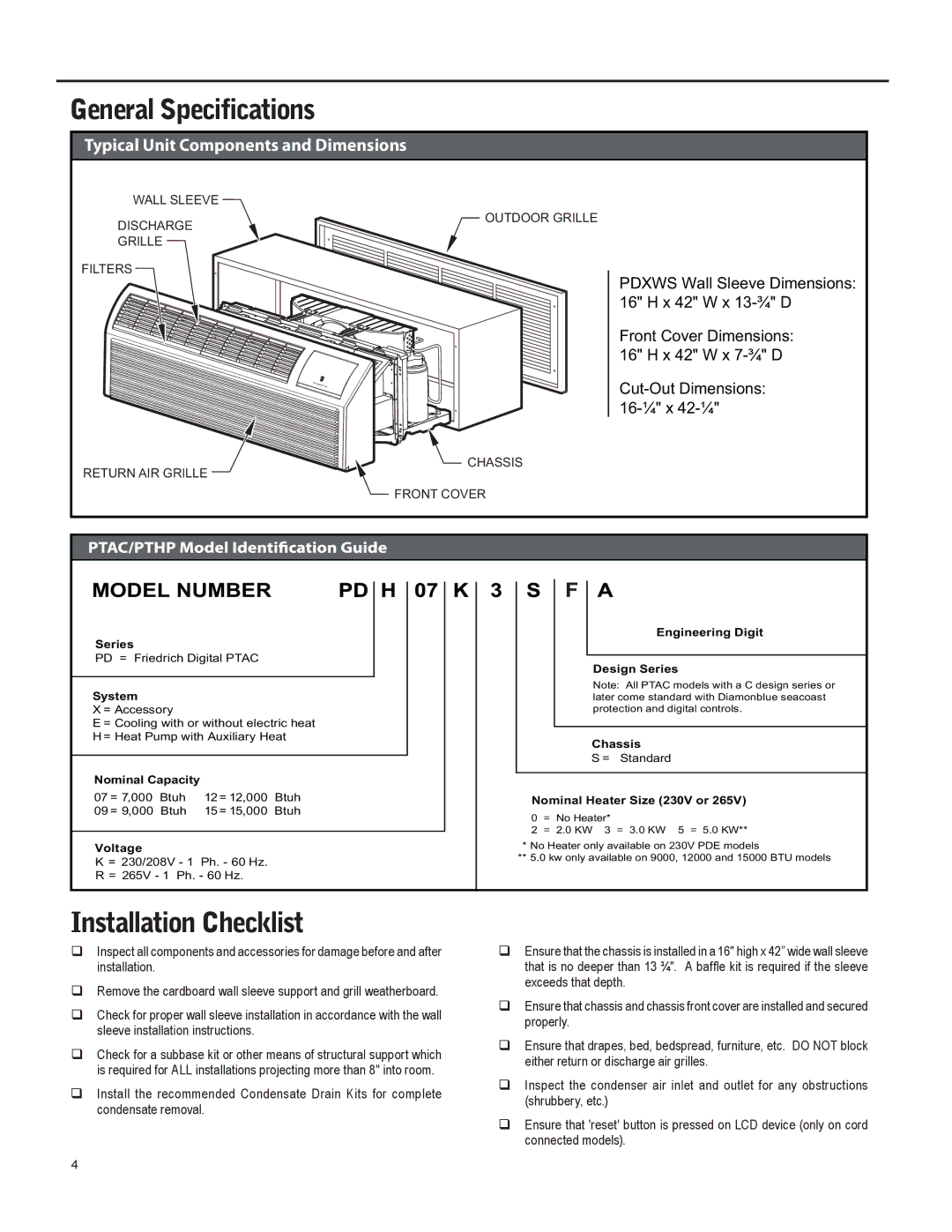 Friedrich 920-087-09 (12/10) operation manual General Specifications, Installation Checklist 