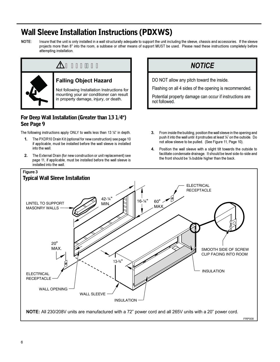 Friedrich 920-087-09 (12/10) operation manual Wall Sleeve Installation Instructions Pdxws, Falling Object Hazard 