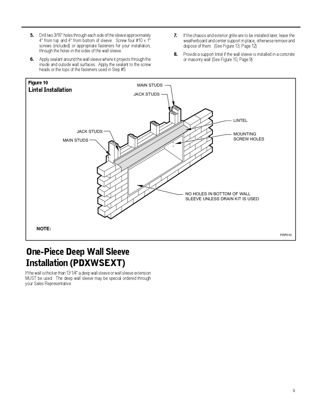 Friedrich 920-087-09 (12/10) operation manual One-Piece Deep Wall Sleeve Installation Pdxwsext, Lintel Installation 