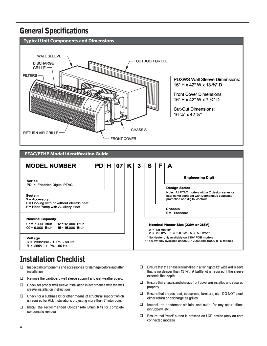 Friedrich 920-087-09 (12/10) operation manual General Specifications, Installation Checklist, Model Number 