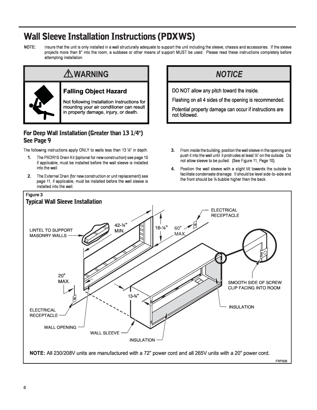 Friedrich 920-087-09 (12/10) operation manual Wall Sleeve Installation Instructions PDXWS, Falling Object Hazard 