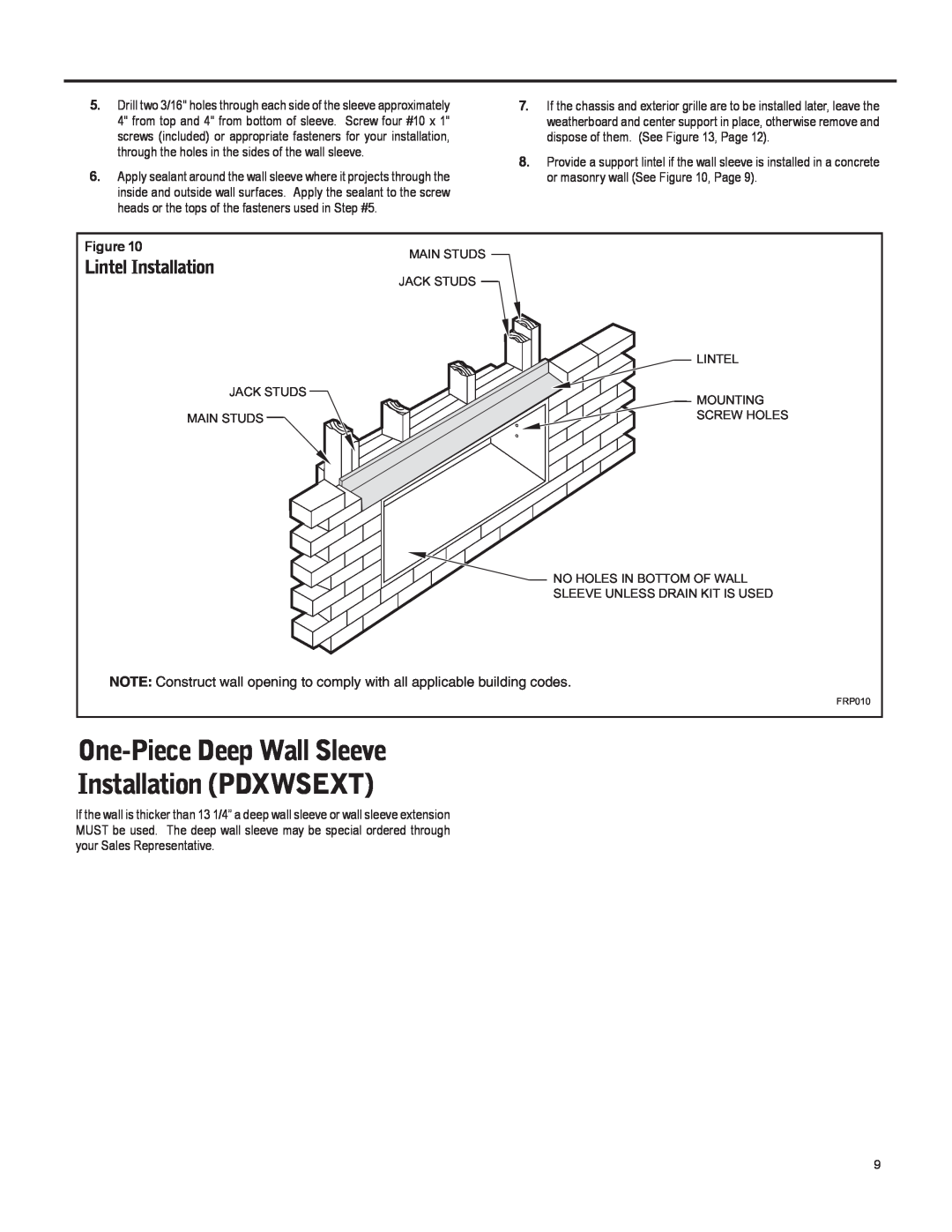 Friedrich 920-087-09 (12/10) operation manual One-PieceDeep Wall Sleeve Installation PDXWSEXT, Lintel Installation 