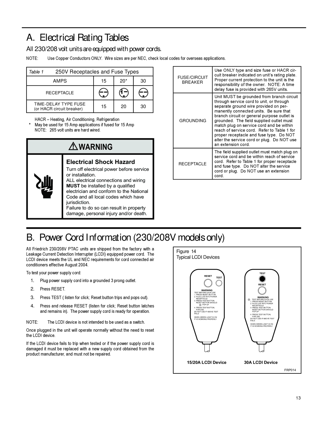 Friedrich 920-087-09 operation manual Electrical Rating Tables, Power Cord Information 230/208V models only 