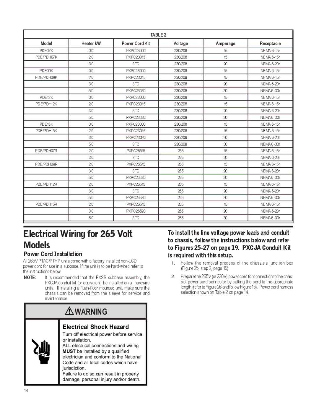 Friedrich 920-087-09 Electrical Wiring for 265 Volt Models, Power Cord Installation, Electrical Shock Hazard 