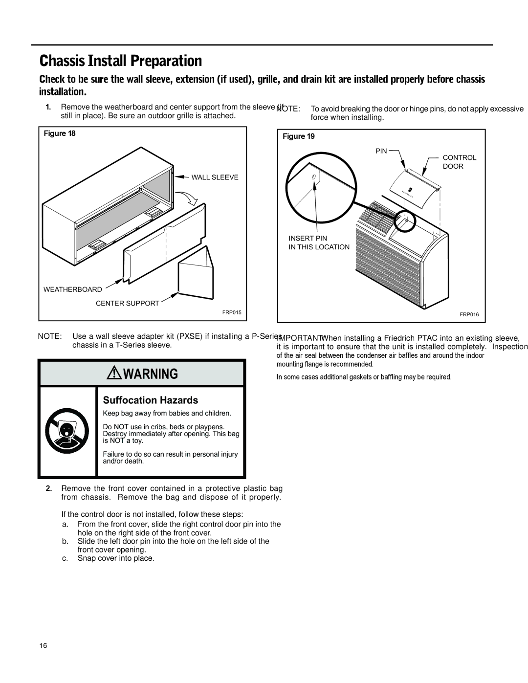 Friedrich 920-087-09 operation manual Chassis Install Preparation, Suffocation Hazards 