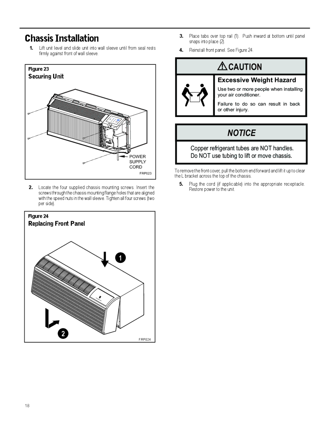 Friedrich 920-087-09 operation manual Chassis Installation, Securing Unit, Excessive Weight Hazard 